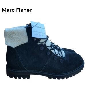 Marc Fisher Hopee Leather Hope Water Resistant Black Combat Fur Boot Women 8.5